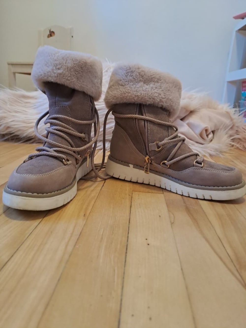 Taupe Faux Fur Trim Side Zip Winter Snow Boots EU 35 (US 3.5Y)